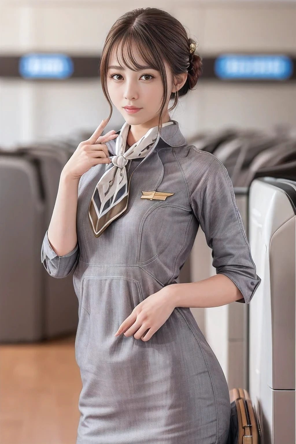 (chef-d&#39;œuvre:1.2、la plus haute qualité:1.2)、32K HDR、haute résolution、(seul、1 fille、silhouette mince)、（Style réaliste avec l&#39;uniforme de Starlux Airlines）、 (Dans le salon de l&#39;aéroport, Éclairage professionnel)、（Uniforme argenté de Starlux Airlines:1.4）、（Uniforme argenté de Starlux Airlines with short sleeves）、（foulard sur la poitrine）、Gros seins、（chignon cheveux longs、Chignon du soir）、les cheveux brun foncé、Tir lointain、（（Belle main：2.0））、（（Des proportions corporelles harmonieuses：1.5））、（（Membres normaux：2.0））、（（Doigt normal：2.0））、（（Yeux délicats：2.0））、（（Yeux normaux：2.0））)、Belle posture debout