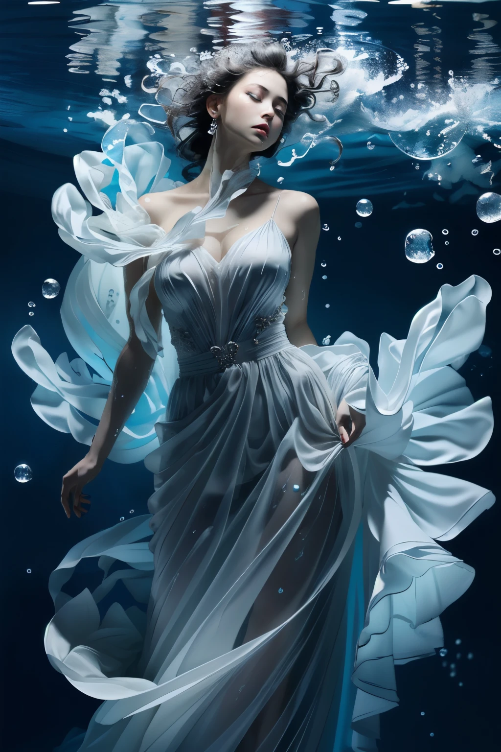 (dramatic, Grainy, intense:1.4), masterpiece, highest quality, 8k, Insane Details, Intricate details, Super detailedな, super high quality, Attention to detail, Super detailed, masterpiece, One girl, alone, In the water, bubble, air bubble, jewelry, Exposing shoulders, Skirt Hold, Wet clothes, White Dress, Earrings, compensate, Long dress, (whole body:1.0), barefoot, Puffy sleeves, float, (Long Hair, Gray Hair:1.4), Blue Theme, Realistic, Black background, Water as smooth as a mirror, Beautiful detailed water, reflection pool, Dynamic Angle, floating, (Real Water, Realistic water, water flowing:1.5), ripple, 