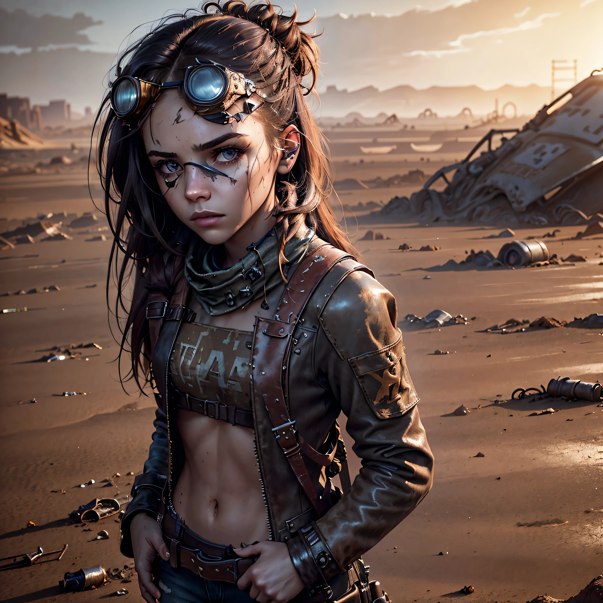 1girl, (solo:1.2), [slim], (small chest), pale skin, ((detailed eyes)), (bokeh effect), (dynamic angle), dynamic pose, (deserted wasteland:1.3), (long hair:1.4), (dark hair:1.4), leather jacket, ripped jeans, high boots, (backpack), (dark and cloudy sky), dirty hair, (wasteland desert:1.4), dirty hair, ((masterpiece)) close up shot, (head goggles:1.3)