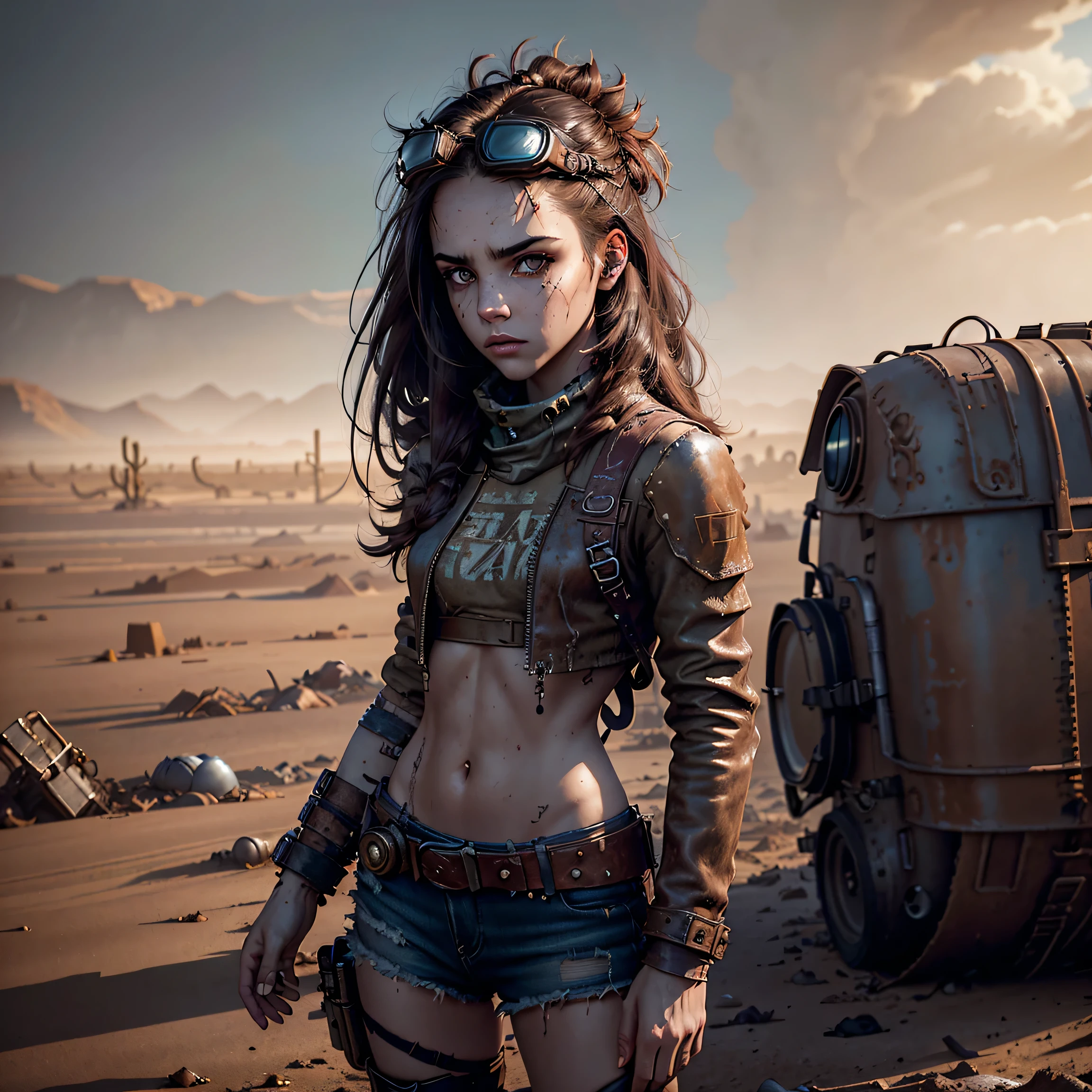 1girl, (solo:1.2), [slim], (small chest), pale skin, ((detailed eyes)), (bokeh effect), (dynamic angle), dynamic pose, (deserted wasteland:1.3), (long hair:1.4), (dark hair:1.4), leather jacket, ripped jeans, high boots, (backpack), (dark and cloudy sky), dirty hair, (wasteland desert:1.4), dirty hair, ((masterpiece)) close up shot, (head goggles:1.3)