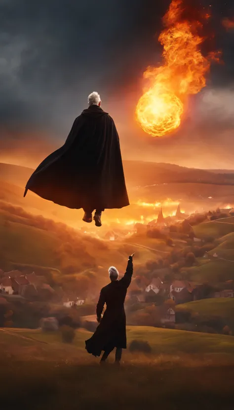 8k, close distance portrait, a male wizard with black clothes and grey short hair from behind, hand pointing to the sky, throwing a super massive huge fireball to a village in the distance from hill, with a burning village background the distance