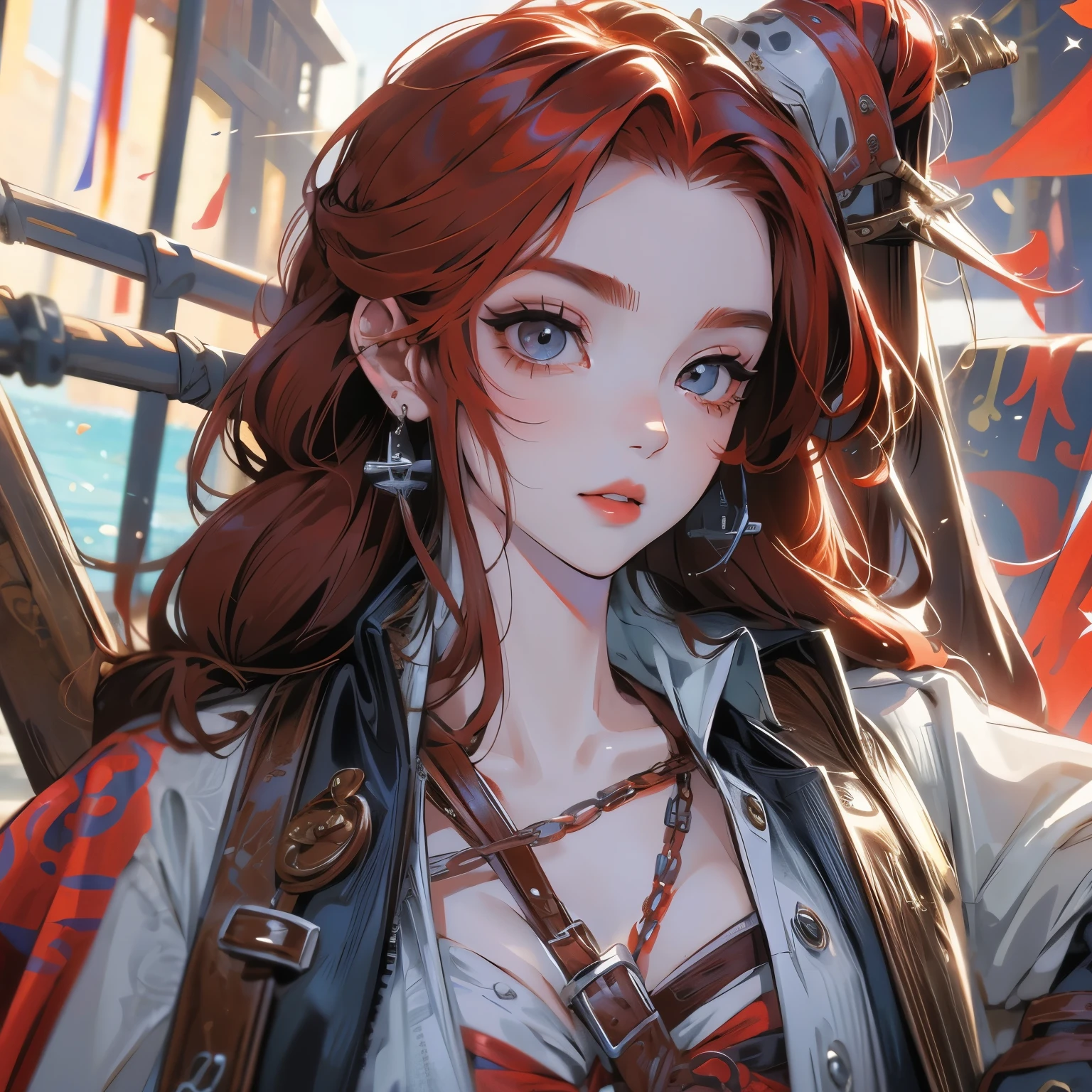 portrait,redhead,female pirate、Jack Sparrow Style、beautiful woman、fully dressed like pirate、sexy、masterpiece、highest quality、beautiful eyes