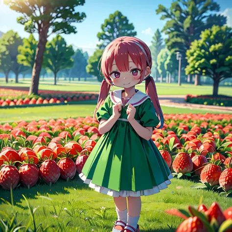 (Realistic:1.37)、Octane Rendering、Morning Park、Strawberry Dresses、A girl with twin tails and smiling、Strawberries falling from t...