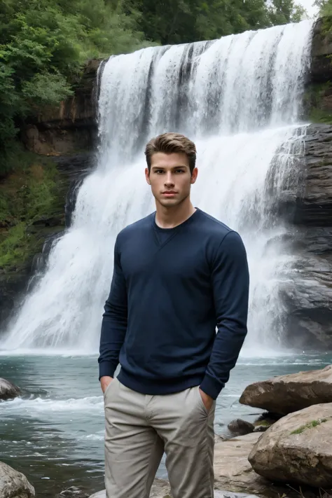 realistic , portrait , handsome men ,waterfall , wide yard