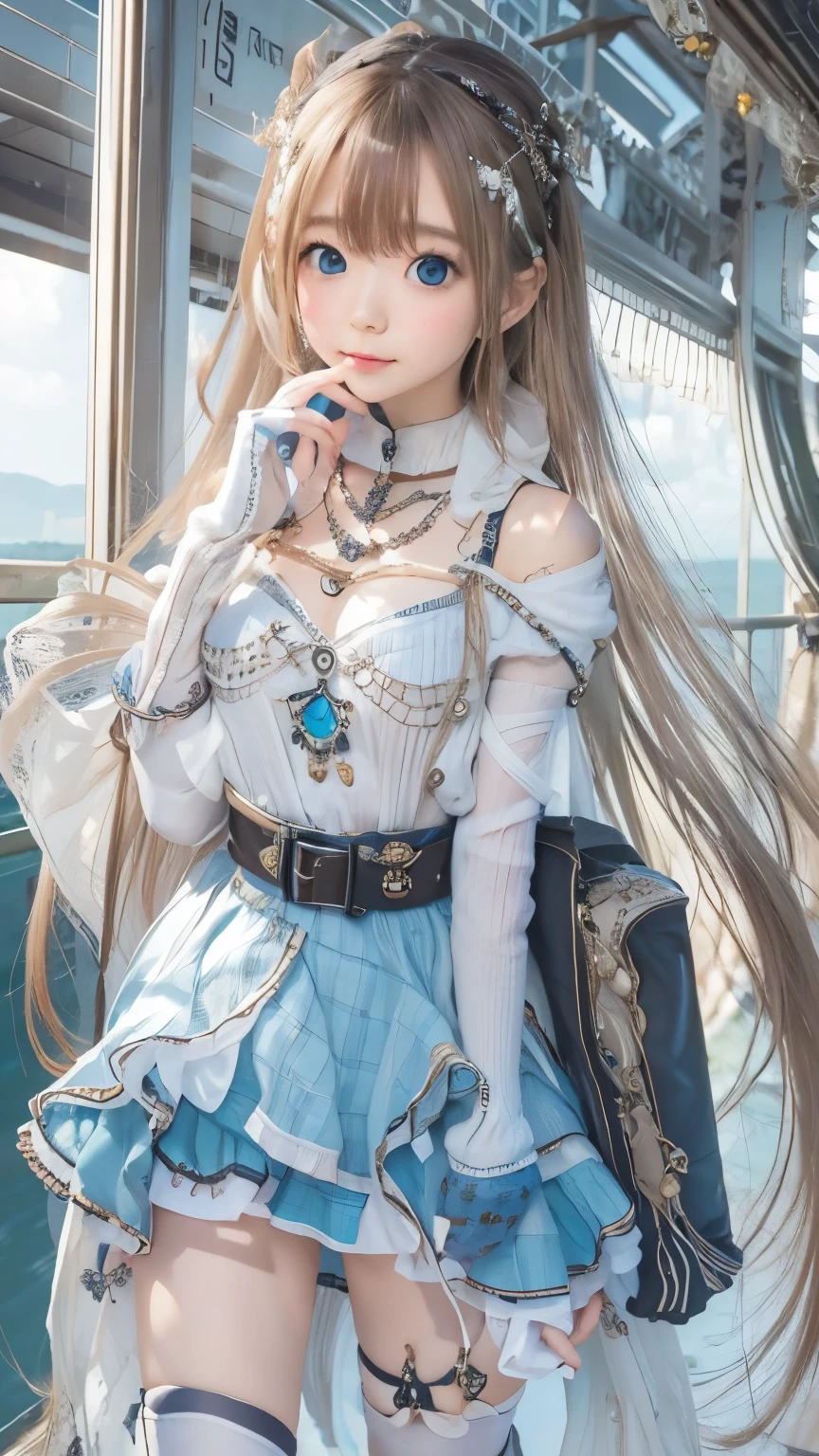 detailed face, cute face,brown eye, ((highest quality)), ((masterpiece)), ((1 girl)), alone, ferry, ((long hair)), ferryBase, ((Thighhighs)), bare shoulders, ((jewelry)), ((No sleeve)), white dress, blue skirt, ((gloves)), thigh height,