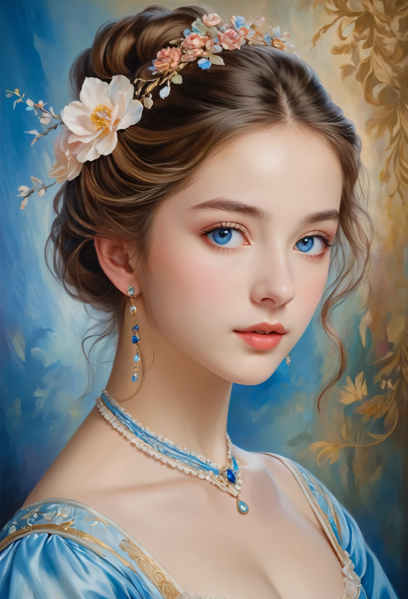 (High resolution,masterpiece:1.2),(Realistic:1.37)"(highest quality, High resolution, Very detailed, Realistic),A beautiful 19th century portrait of a 16-year-old French ballet dancer, (She is half French and half Japanese.., She is a beautiful woman with deep blue eyes and a high nose..:1.1), Beautiful ballet costumes, Detailed facial features, Long and graceful neck, Flowing locks of hair, Calm and graceful posture, Soft and delicate lighting, Classical Oil Painting Medium, Vibrant colors, Delicate background with floral motifs", Dreamy atmosphere, Surrealism,Mysterious Aura