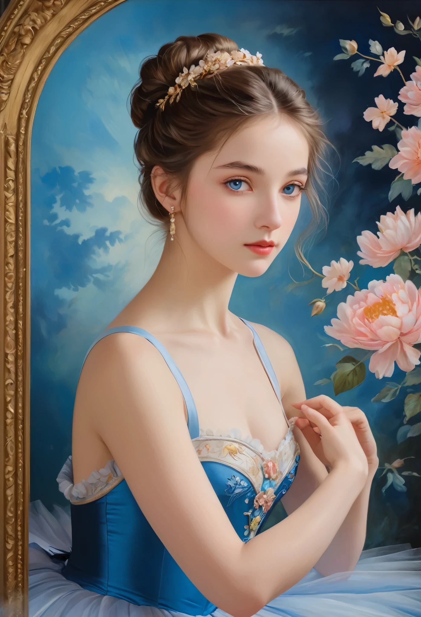 (High resolution,masterpiece:1.2),(Realistic:1.37)"(highest quality, High resolution, Very detailed, Realistic),A beautiful 19th century portrait of a 16-year-old French ballet dancer, (She is half French and half Japanese.., She is a beautiful woman with deep blue eyes and a high nose..:1.1), Beautiful ballet costumes, Detailed facial features, Long and graceful neck, Flowing locks of hair, Calm and graceful posture, Soft and delicate lighting, Classical Oil Painting Medium, Vibrant colors, Delicate background with floral motifs", Dreamy atmosphere, Surrealism,Mysterious Aura