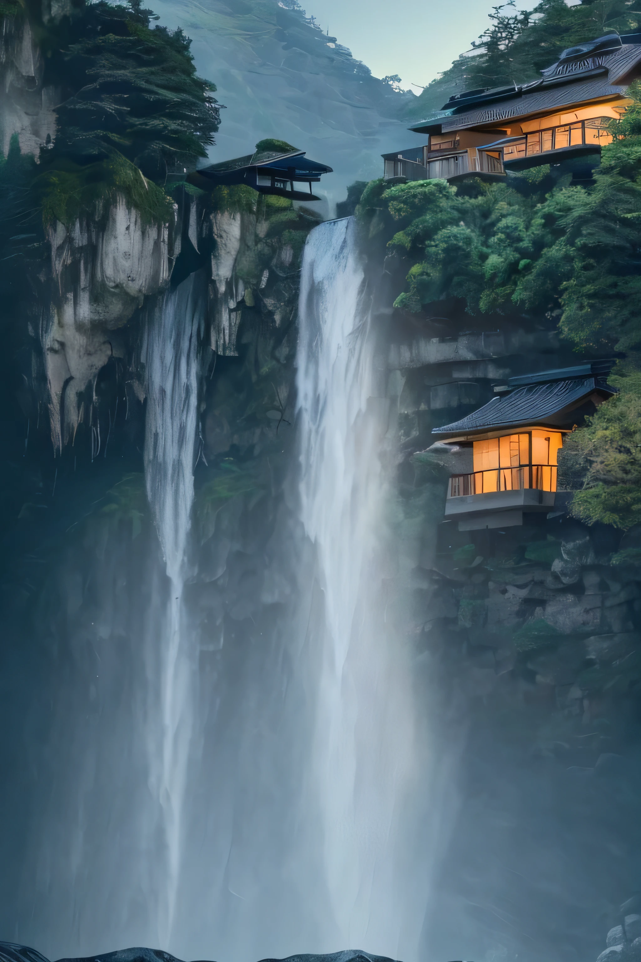 a close up of a waterfall near a house on a cliff, very close to real nature, cliffside, integrated in the mountains, luxurious onsens, mix with rivendell architecture, nature meets architecture, next to a waterfall, epic and stunning, by Johannes Voss, with waterfalls, shining lights on cliff side, waterfall walls, 4 k vertical wallpaper