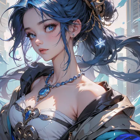 portrait woman, close up,1girll，Genie style，blue hairs，A ball head，（ssmile：0.98），Cute Genie style，Off-the-shoulder attire，Roadshoulder suit，Expose shoulders and neck，Richly decorated metal necklace for clothes，The clothes are opaque，Modern trend elements，D...
