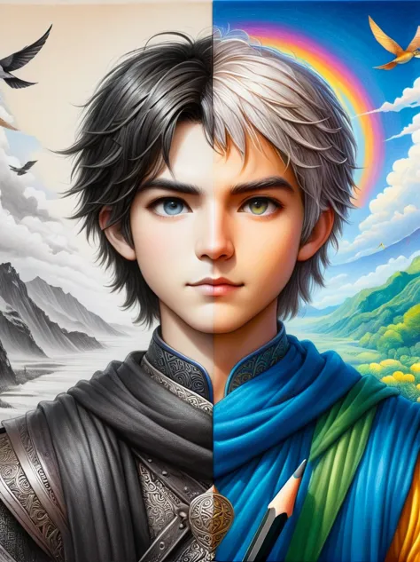 1hbgd1, (The left half of the face is a black and white pencil drawing of Soren, The right half is the colored pencil Ptolemy:1....