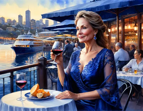 Watercolor painting by Eric Wallis of a poised, 50-year-old woman in an elegant ensemble, savoring wine at an alfresco Sydney ca...