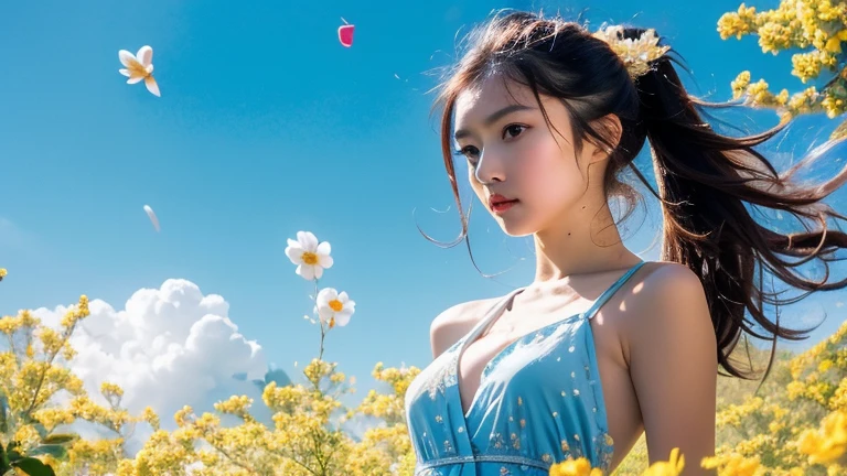 Highly detailed illustration,masterpiece, highest quality,{finelyて美しい目},1 girl,finely,Written boundary depth, 4k wallpaper, blue sky, cumulus, Wind, Very fine frills,Very fine lace,blue sky,Very long hair,Mouth slightly open,High Ponytail,Silver Hair,Small breasts,Cumulonimbus,Narrow waist,A lot of sparkling petals are scattered.,Hidden in pale yellow flowers,Written boundary depth,She bowed her head in frustration.,A lot of water droplets are flying,Upper body exposed,Lots of scattered leaves,branch ,angle ,Deepening the contours,cinematic angle ,{{{Classical decorative border}}}