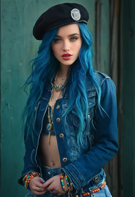 AnadeArmas,Realistic photo of a beautiful woman, 1girl, solo, long hair, hat, jewelry, blue hair, jacket, multicolored hair, nec...
