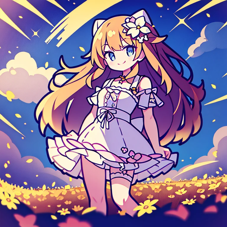 vector of a cute little angel with a smug smile, in a flower field, with her long curly hair flying in the wind