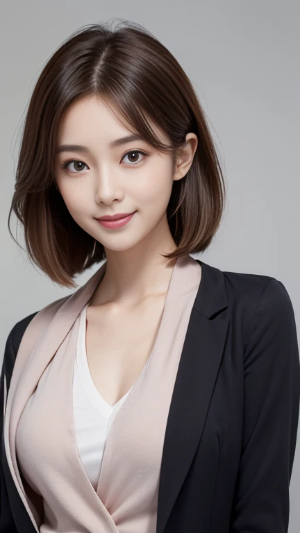 (Very detailedな CG Unity 8k 壁紙, highest quality, Very detailed, Looking at the camera:1.2, The light shines on your face:1.5, Gray background, Professional Lighting), Japan female, 26 years old, Upper body composition with brightly lit face. She has an oval face, Soft arched eyebrows, bright expressive eyes,, pronounced nose, And a friendly smile. Her hair is shoulder-length, straight, Dyed a light chestnut color. She is wearing a smart casual blouse, Probably soft colors, Paired with a black blazer, Embody her lively and sociable personality