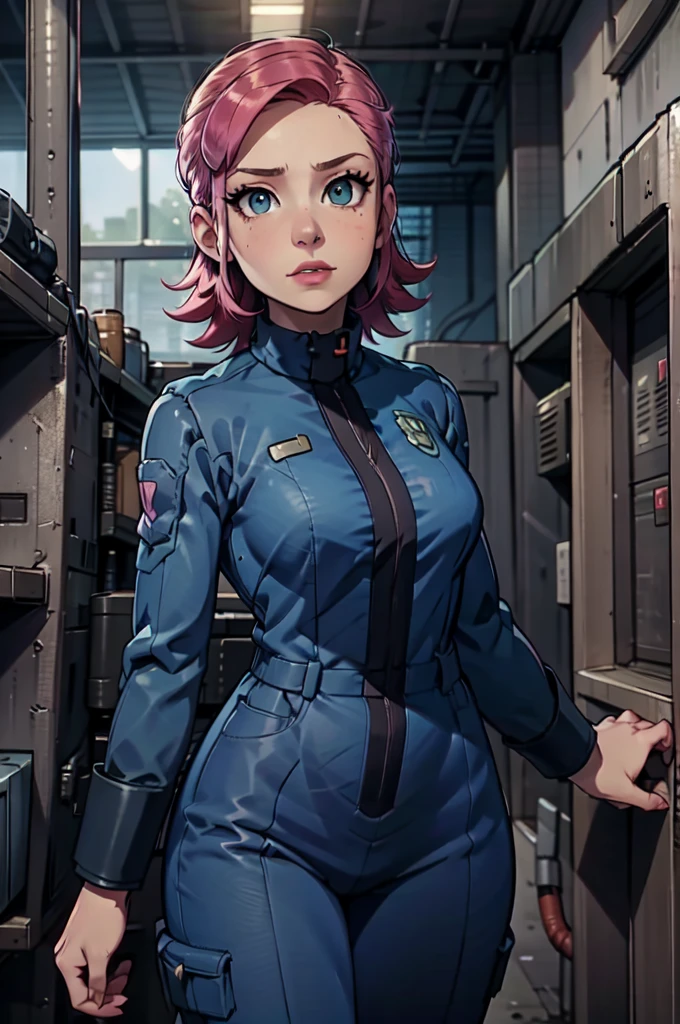 Mayl Sakurai reimagined as a vault dweller, doing maintenance in an underground vault. Her vibrant pink hair stands out against the dimly lit environment. She is a 26-year-old woman dressed in a vault dweller jumpsuit, indicative of her role in the post-apocalyptic world. The jumpsuit is worn but still functional, reflecting the harsh conditions of life underground. Her face is beautifully detailed, with expressive eyes that convey determination and intelligence. Her lips are also well-defined, adding to her overall allure.

In the vault, Mayl Sakurai is seen operating a pipboy, a wrist-worn device that serves as an essential tool and information hub for survival in the vault. The pipboy's screen emits a soft glow, illuminating Mayl's face and casting a subtle green hue on the surroundings. The details on the pipboy, from its buttons to its display, are extremely detailed, showcasing its futuristic design.

The underground vault is filled with mechanical equipment and pipes, emphasizing the importance of maintenance in this post-apocalyptic world. The atmosphere is gritty and industrial, with a hint of mystery and danger. The lighting is dim and has a hint of blue tones, enhancing the underground ambiance.

Despite the grim surroundings, Mayl Sakurai exudes confidence and strength as she jumps into action, ready to fulfill her duties as a vault dweller. Her posture and expression suggest that she is prepared to face any challenge that comes her way.

The image quality should be at its best, with 4K resolution and ultra-detailed rendering, capturing every intricate detail of the scene. The colors should be vivid, emphasizing the contrast between Mayl's vibrant pink hair and the dimly lit environment. The overall style should lean towards a post-apocalyptic concept art aesthetic, blending realism with a touch of fantasy.

In summary, the Stable Diffusion prompt for the provided theme would be:
Mayl Sakurai reimagined as a vault dweller, doing maintenance in an undergr