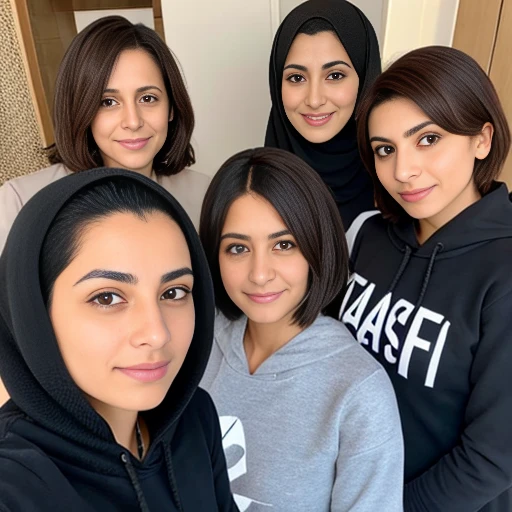 group of lebanese Woman gathered with short hair and in sweatshirts, focus on faces