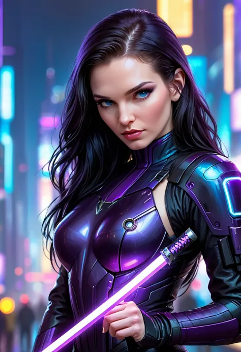 beautiful woman, antihero in black and purple uniform, katana laser sword in hand, white skin, long black hair, portrait, jeff b...