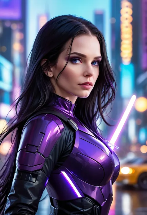 beautiful woman, antihero in black and purple uniform, katana laser sword in hand, white skin, long black hair, portrait, jeff b...