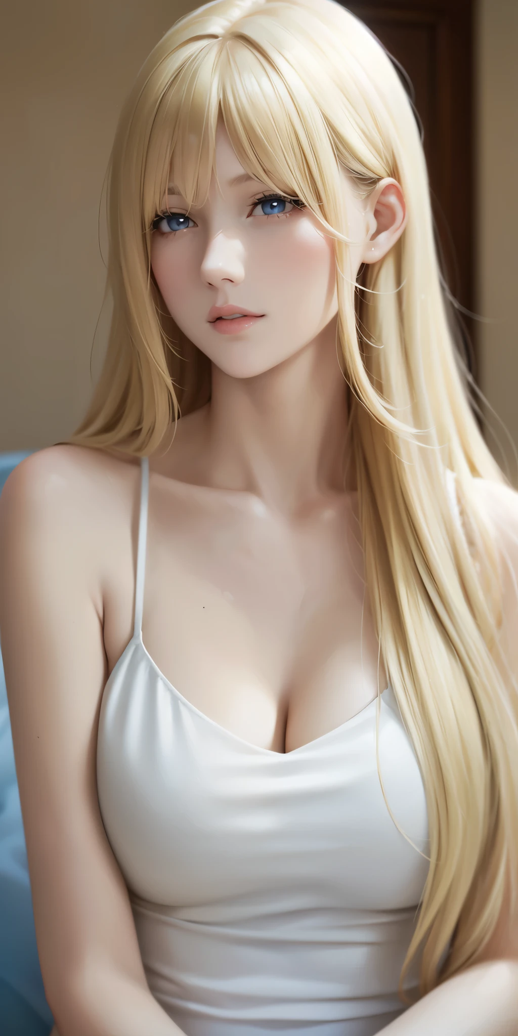 magnifique femme adulte, cheveux blond, cheveux longs, frange, Débardeur, clivage, Lumière douce, Haute qualité, Résolution 4K 