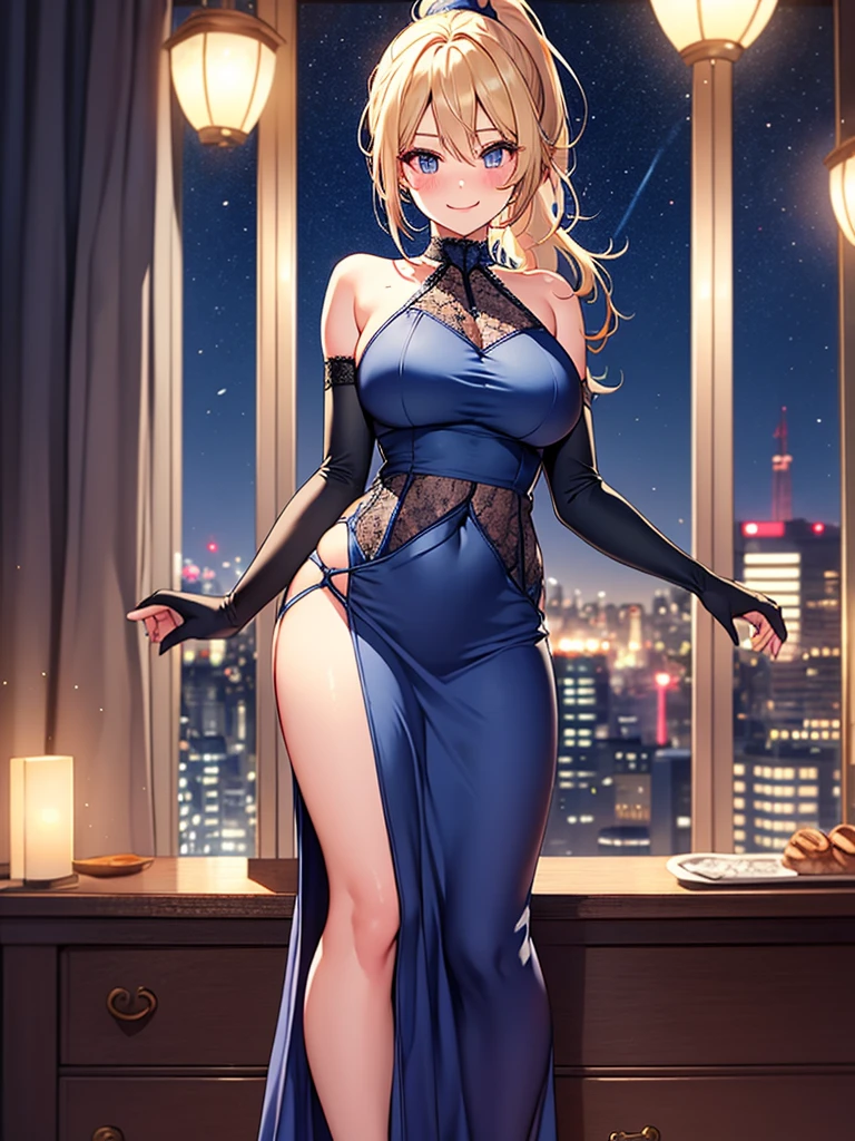 (highest quality, High resolution, perfect pixel, Depth of bounds written, 4K), full body, hotel room, detailed eyes, (1 lady), tall, (skinny body:1.2) , (thin thighs:1.2), large breasts, (side boob), blond hair, (ponytail:1.2), (midnight blue party dress:1.2), (long maxi-skirt:1.2), (sleeveless), bare back, (asymmetrical skirt), elbow gloves, (lace legwear), (standing), (light smile), blush, 