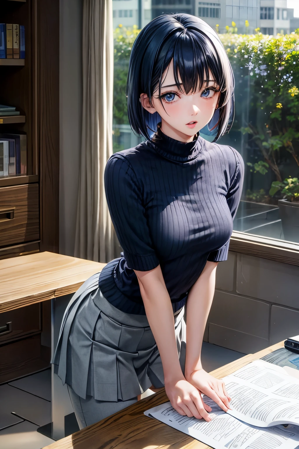 (masterpiece, best quality:1.2), 1 girl, Solitary, Akane Kurokawa, 1 girl, dark blue hair, Medium Length Hair, one long bob, Plus bangs，Make your face brighter, Keep the hair thick. , blue eyes, Green Eyes, , Blue tie, Grey pleated skirt,Roll up your skirt、Sexy pants、E cup breasts、small、small areola、The breasts are fully visible