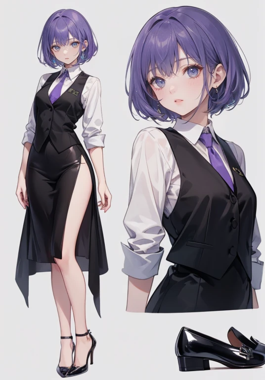 ((Perfect Face)),Purple Hair,Very short hair,1 female,,Black vest,Roll up your sleevesＹshirt,tie,slit,High heels,,((Simple Background)),smile,((Full Body)),((full body)),