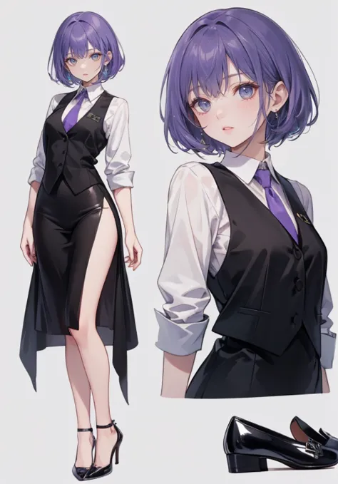 ((perfect face)),purple hair,very short hair,1 female,,black vest,roll up your sleevesｙshirt,tie,slit,high heels,,((simple backg...