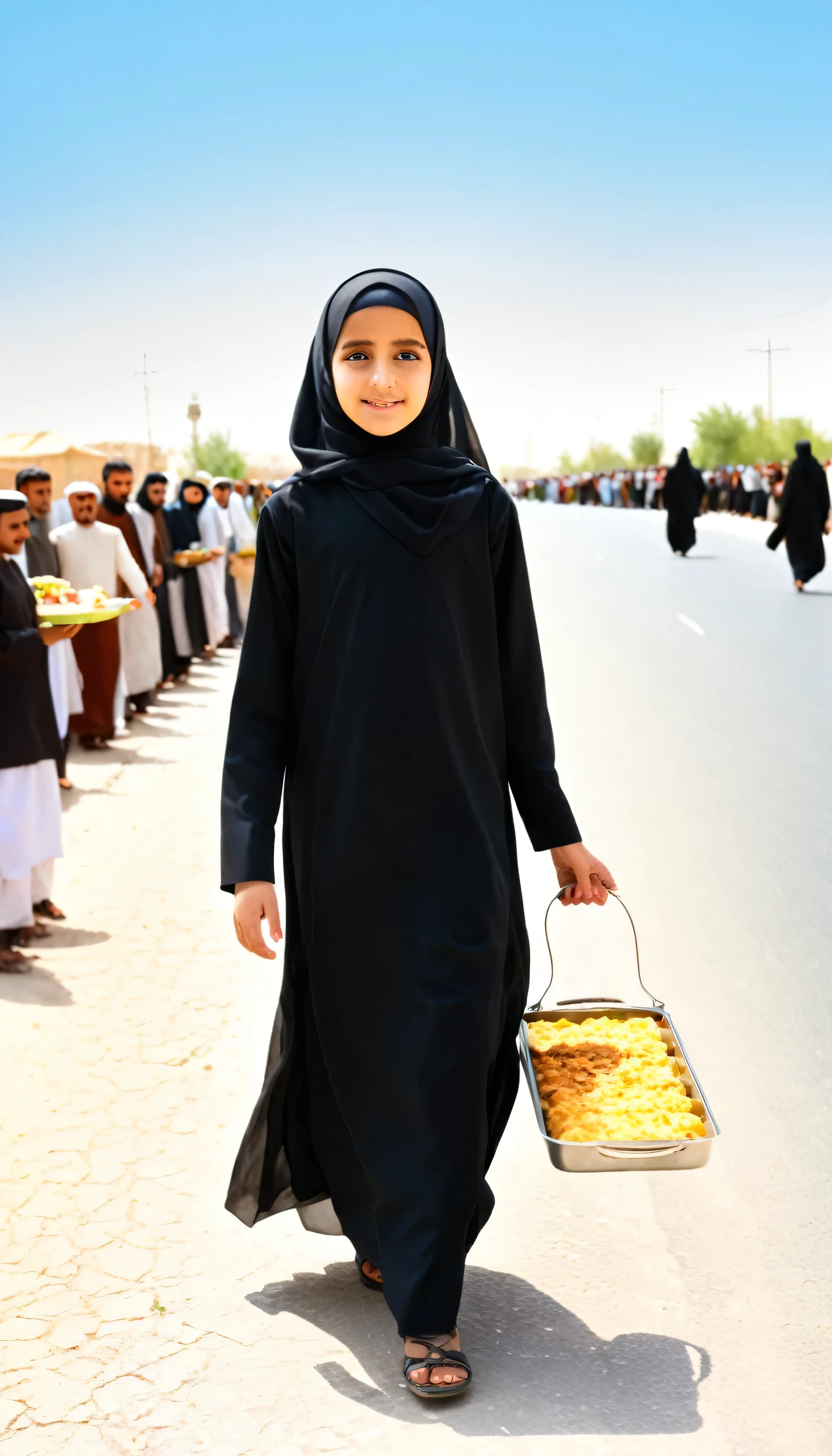 6years old Arab girl wearing a black dress and hijab walking outdoors, crowd, religious festivity, holding, holding_tray, food, offering food, background includes a road, sky, day, looking_at_viewer