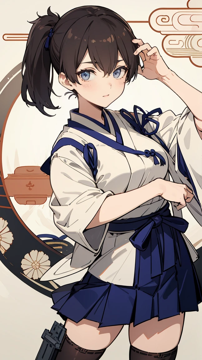 (masterpiece, highest quality) detailed, kaga (kancolle), {{kaga kai ni (kancolle)}}, side ponytail, brown eyes, black long hair, black thighhighs, short skirt, hakama skirt, japanese clothes, , blue hakama, hakama, muneate, tasuki, whole body,Chinese element pattern，thigh，