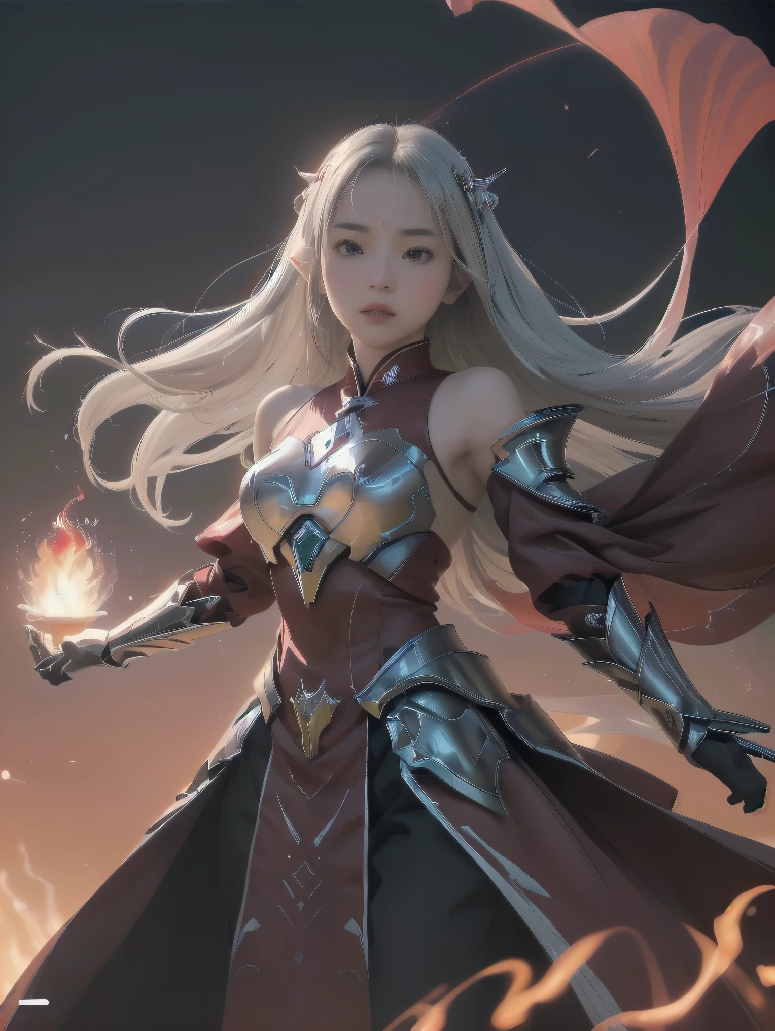 (Masterpiece, Top quality, Best, offcial art, Beautiful and aesthetically pleasing, Long exposure: 1.2), Smooth movement, Charming Patterns, 1 girl, (Long Dress with Sleeves: 1.3), (((Platinum and red imperial armor) )), upperbody closeup, Bare shoulders, Chinese girl, Blush, Black lob hair, Portrait, Solo, Upper body, looking at the observer, Detailed background, Detailed face, (crystallineAI, crystalline theme:1.1), elemental fire elf, rotation fire, control fire, Ruby clothes, Dynamic pose, Floating particles, ethereal dynamics, Fire, vapor, Magma in the background, red tint, volcanoes, Ethereal atmosphere,1 japanese, battle armor, prime,Rhino essence,Volt essence,Saryn Essence dynamic pose, Intricate pattern, heavy metal, Energy lines, Faceless, Glowing eyes, Long silver hair, The wind blows hair, elegant, Intense, blood red and black uniform, Bloody wings, Solo, Desert, Sunny, Bright, Claws, Dramatic lighting, (Masterpiece:1.2), Best quality, high resolution, Beautiful detailed, Extremely detailed, Perfect lighting, zhongfenghua, From below