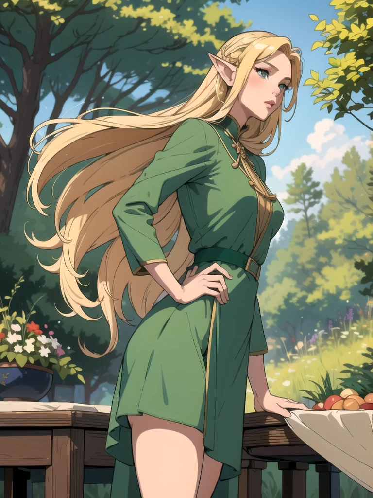 (杰作, 最好的质量), 1女孩, 精灵, 金色的长发, 绿色真丝长裙, 村庄, 森林, 大腿
