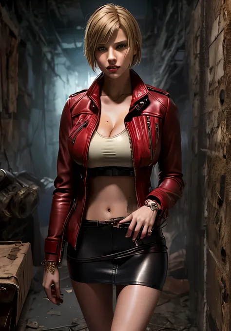 young blond Chear Leader with red leather jacket, Resident Evil, Realistic post apocaliptic scenes, lots of details, Zombie game...