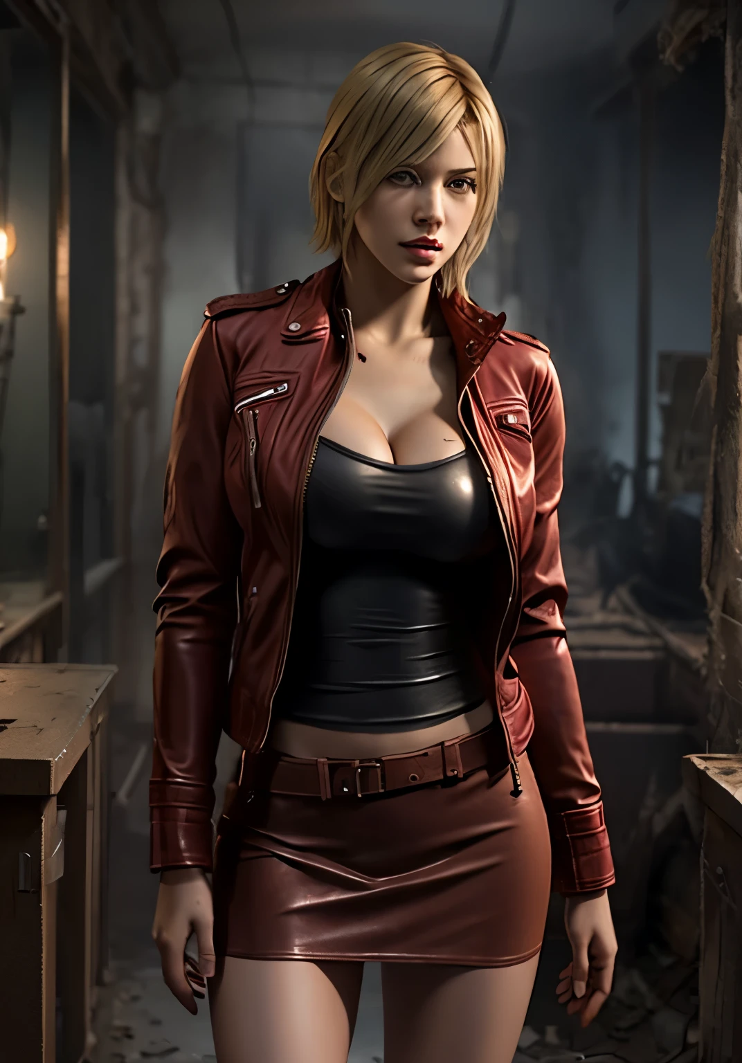 Joven rubia Chear Leader con chaqueta de cuero roja, Resident Evil, Escenas post apocalípticas realistas., muchos detalles, Juegos de zombies, Ultra transparente, Minifalda corta, caderas delgadas mostrando, mujer flaca, cintura y ingle delgadas, hermoso escote
