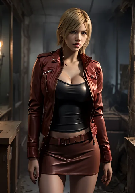 young blond Chear Leader with red leather jacket, Resident Evil, Realistic post apocaliptic scenes, lots of details, Zombie game...
