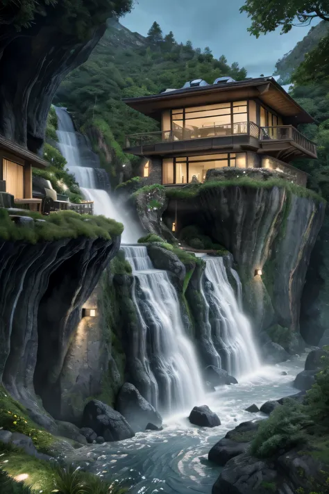 a close up of a waterfall near a house on a cliff, very close to real nature, cliffside, integrated in the mountains, luxurious ...