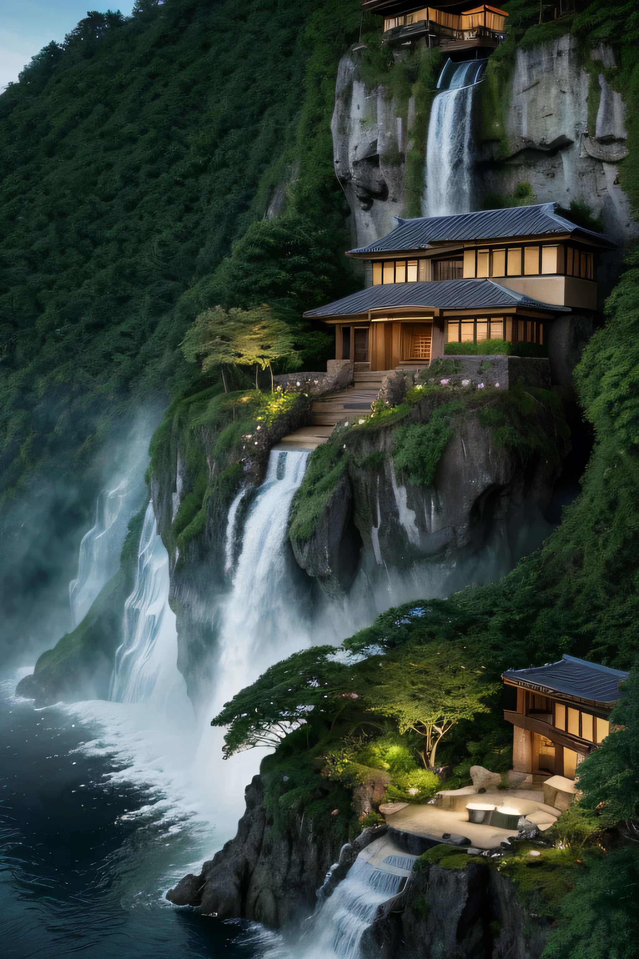 a close up of a waterfall near a house on a cliff, very close to real nature, cliffside, integrated in the mountains, luxurious onsens, mix with rivendell architecture, nature meets architecture, next to a waterfall, epic and stunning, by Johannes Voss, with waterfalls, shining lights on cliff side, waterfall walls, 4 k vertical wallpaper