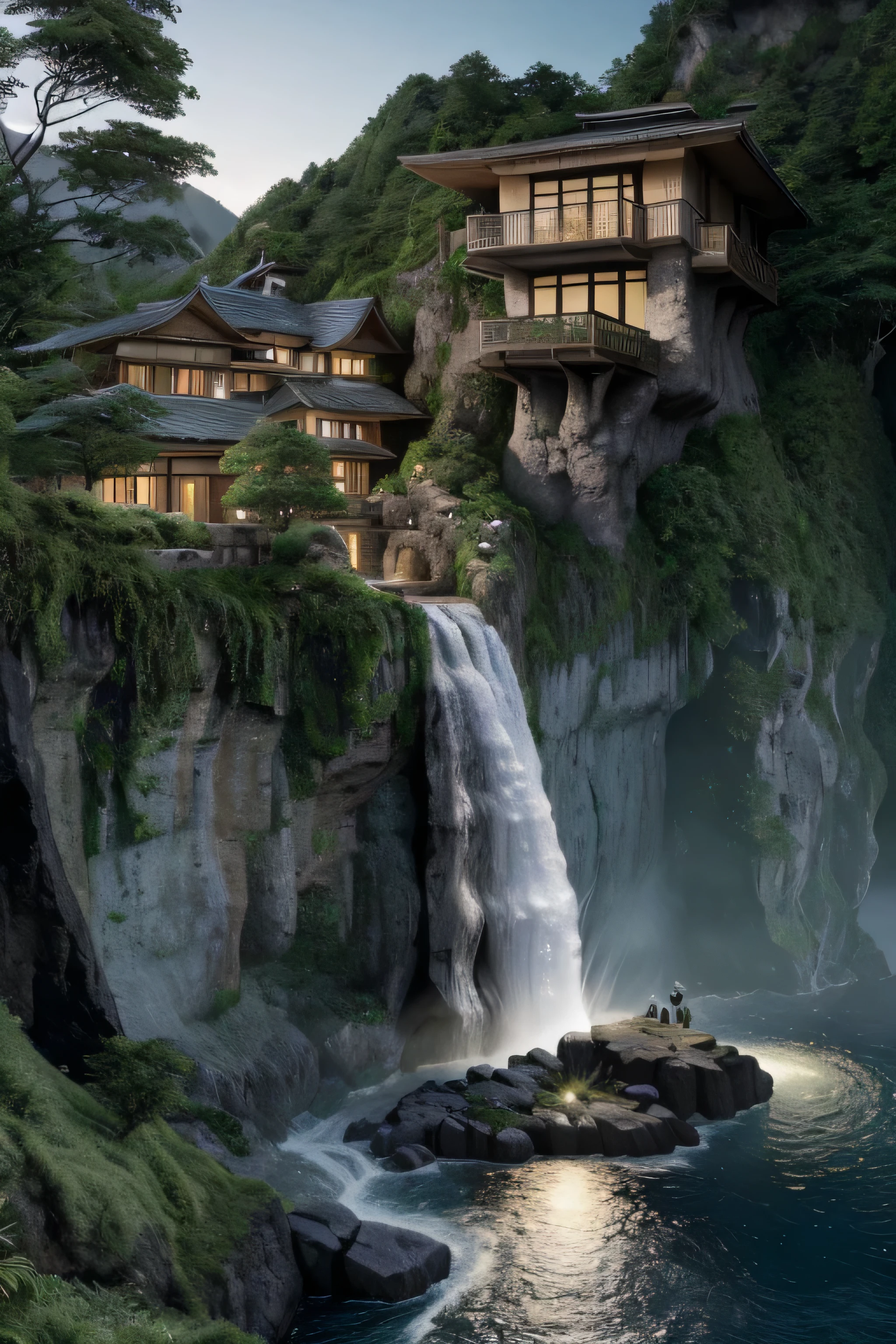 a close up of a waterfall near a house on a cliff, very close to real nature, cliffside, integrated in the mountains, luxurious onsens, mix with rivendell architecture, nature meets architecture, next to a waterfall, epic and stunning, by Johannes Voss, with waterfalls, shining lights on cliff side, waterfall walls, 4 k vertical wallpaper