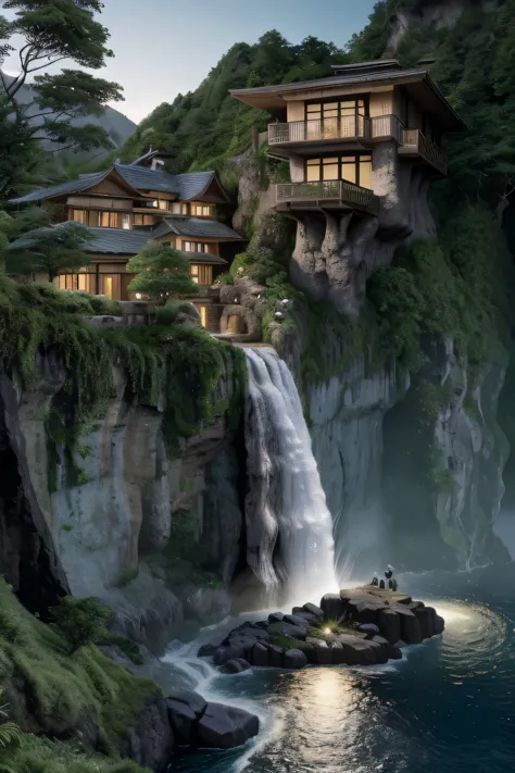 a close up of a waterfall near a house on a cliff, very close to real nature, cliffside, integrated in the mountains, luxurious ...