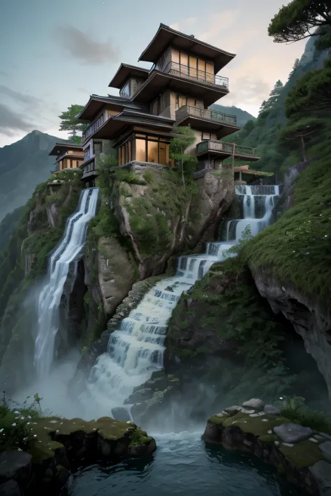 a close up of a waterfall near a house on a cliff, very close to real nature, cliffside, integrated in the mountains, luxurious ...