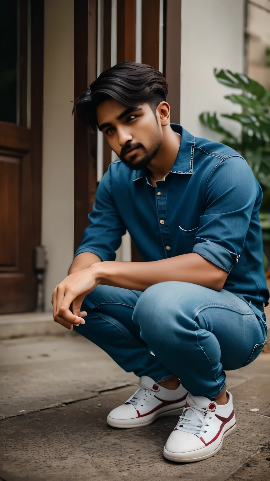 This 28 year old man has dark brown hair that is neatly combed to the side with a little hair crossing at the front, gives a neat yet relaxed look. He has piercing brown eyes, add to the charisma of his face. This man was wearing a dark blue shirt with the sleeves half rolled up, combined with jeans that fit with white sneakers. On his wrist, there are classic watches that give an elegant touch to his appearance.