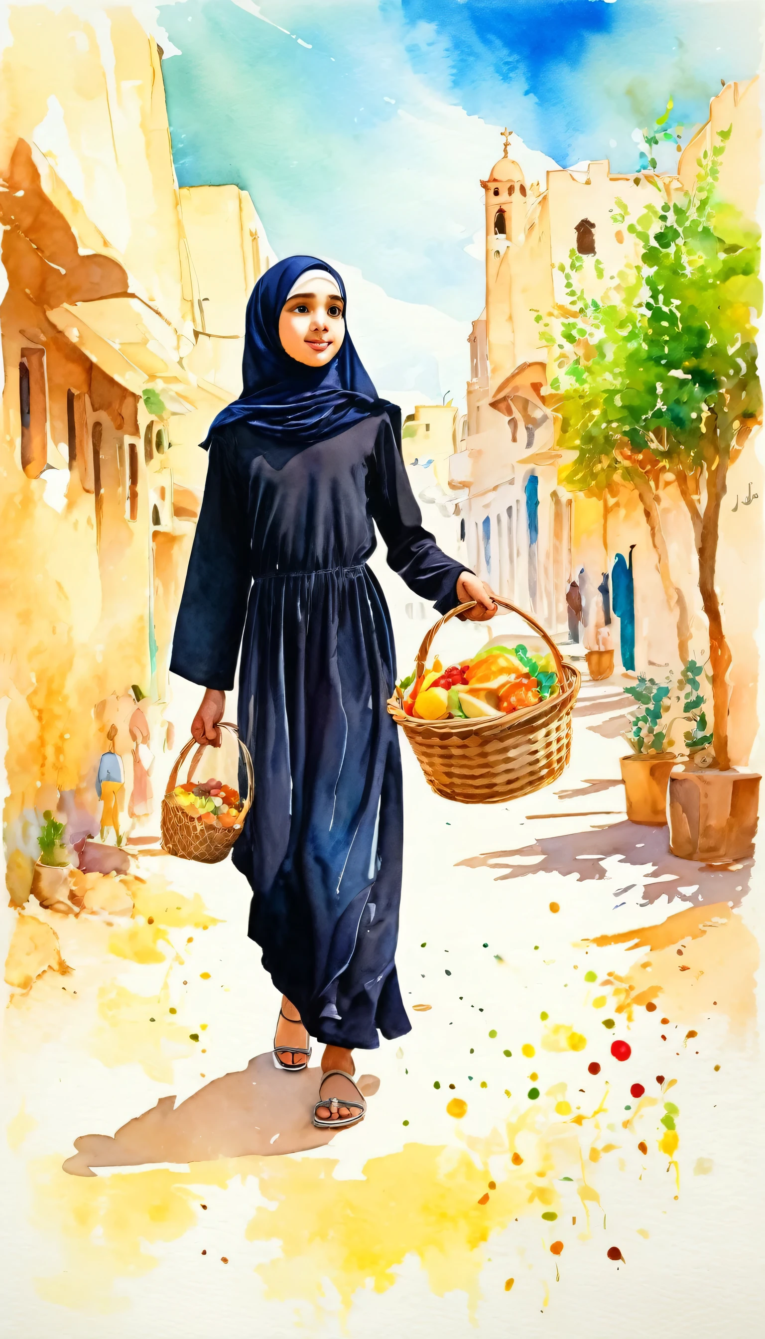 6years old Arab girl wearing a black dress and hijab walking outdoors, crowd, religious festivity, holding, holding basket, food, offering food, looking_at_viewer, modern art, painting, drawing, watercolor, psychedelic colors