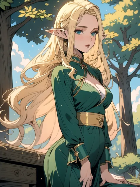(masterpiece, best quality), 1girl, elf, mature woman, long blonde hair, silk green lingerie, village, forest, thighs