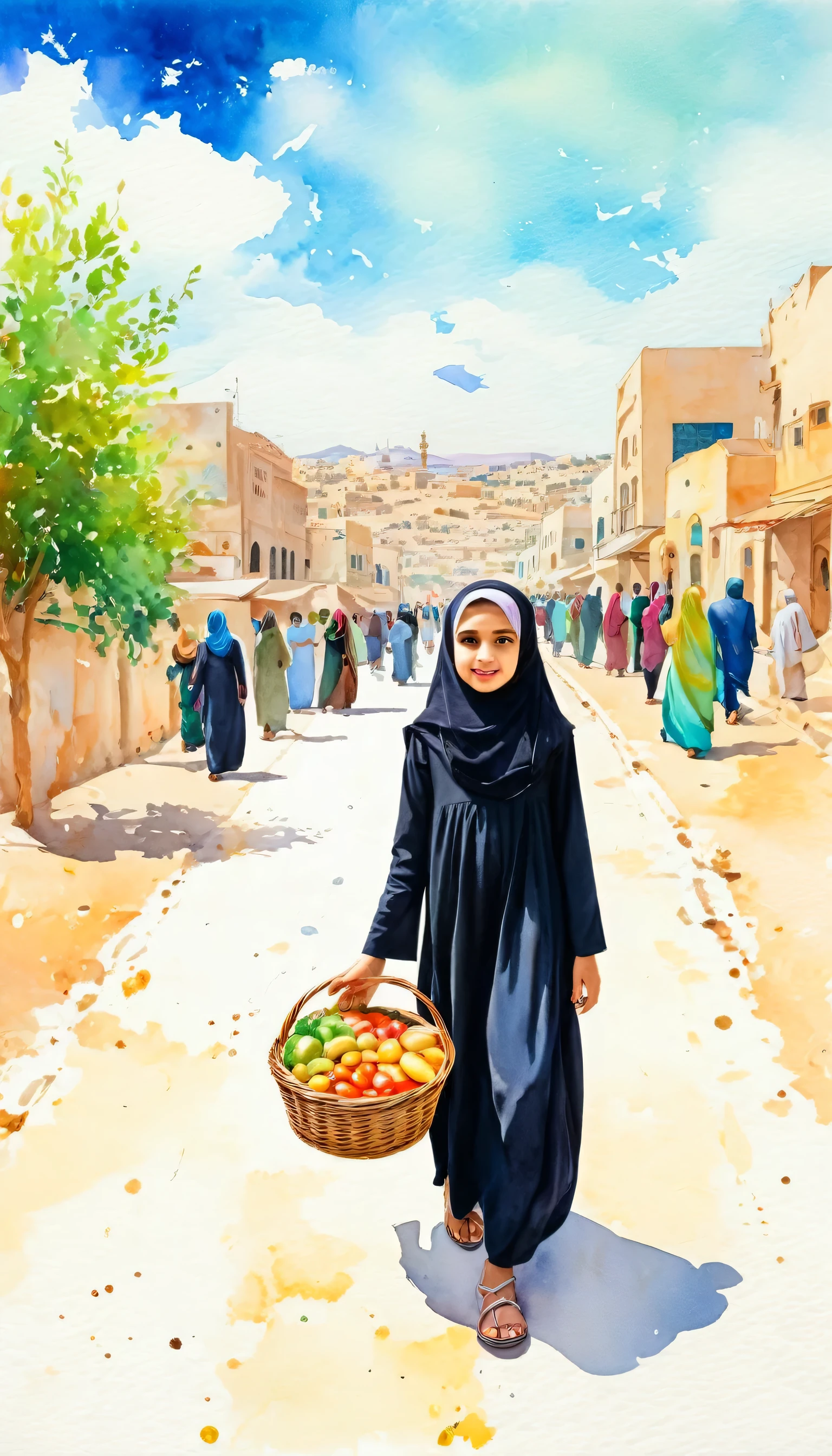 6years old Arab girl wearing a black dress and hijab walking outdoors, crowd, religious festivity, holding, holding basket, food, offering food, background includes a road, sky, day, looking_at_viewer, modern art, painting, drawing, watercolor, psychedelic colors