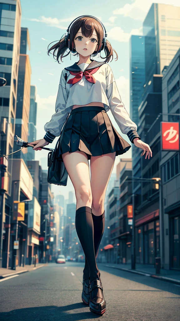 シティポップスタイル1.0、アニメの女の子 with headphones walking down the street in a , 美しい成熟した , セーラー服、ユニフォーム、美少女モデル,高い、 艦隊これくしょんスタイル,マンガイラスト, イラスト付き ,, 若いアニメの女の子, 渋谷区ビル街区、ぼやけた背景、シティポップ、全身、カウボーイショット、懐かしさ、スリーブカバー、主題を大きくする、ミニスカート、ニーハイソックス