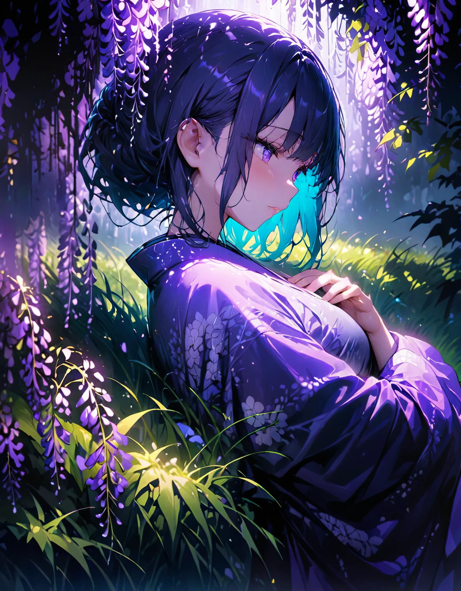 Oborozuki、Femme portant un kimono violet、regarder en bas、Fleur de glycine、l&#39;herbe verte、nuit、clair de lune、(((chef-d&#39;œuvre))), (meilleure qualité), (Ultra détaillé), (très_haut_résolution), (grand_taille du fichier), (en couleur)