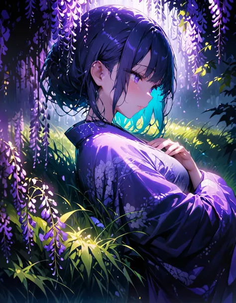 朧月、Woman wearing purple kimono、Looking Down、Wisteria flower、Green grass、night、moonlight、(((masterpiece))), (best quality), (ultra detail), (very_high_resolution), (large_filesize), (full color)
