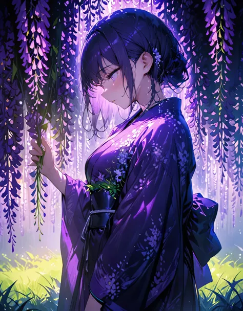 朧月、Woman wearing purple kimono、Looking Down、Wisteria flower、Green grass、night、moonlight、(((masterpiece))), (best quality), (ultra detail), (very_high_resolution), (large_filesize), (full color)