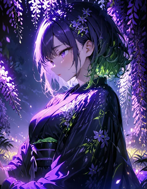 16K、8K、32K、朧月、Woman wearing purple kimono、Looking Down、Wisteria flower、Green grass、night、moonlight、(((masterpiece))), (best quality), (ultra detail), (very_high_resolution), (large_filesize), (full color)