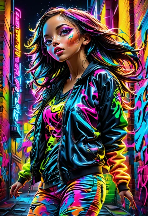 (high resolution:1.2),ultra detailed,realistic,sharp focus,colorful,graffiti covered walls,street artist girl,vibrant clothing,p...